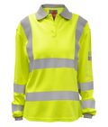 Stratus Ladies FR ARC long sleeve polo grey contrast collar and cuffs heat-applied reflective tape EN ISO 20471 Class 3