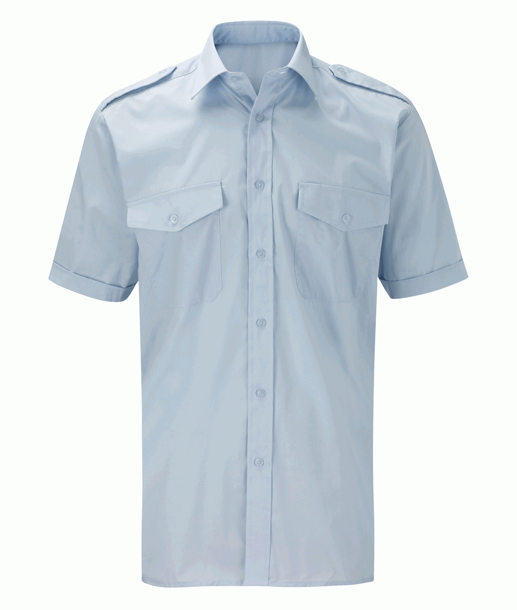 Pilot Shirt Short Sleeve with shoulder epaulettes two flap breast pockets back yoke tucks 65/35 polycotton wrinkle-resistant