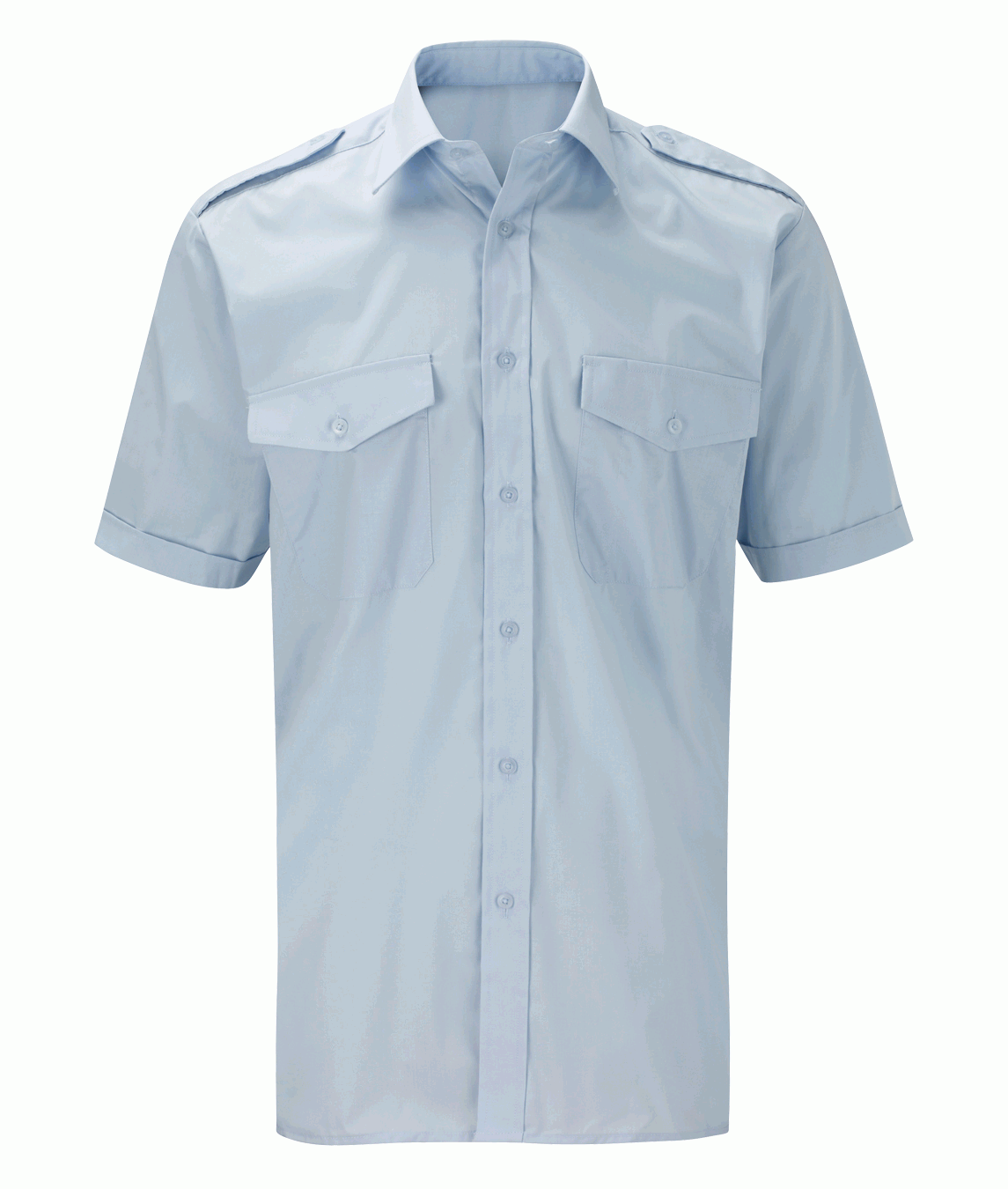 Pilot Shirt Short Sleeve with shoulder epaulettes two flap breast pockets back yoke tucks 65/35 polycotton wrinkle-resistant