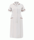 Classic Stepin Dress White/Burgundy with rounded revere collar contrast piping concealed front zip and two chest pockets