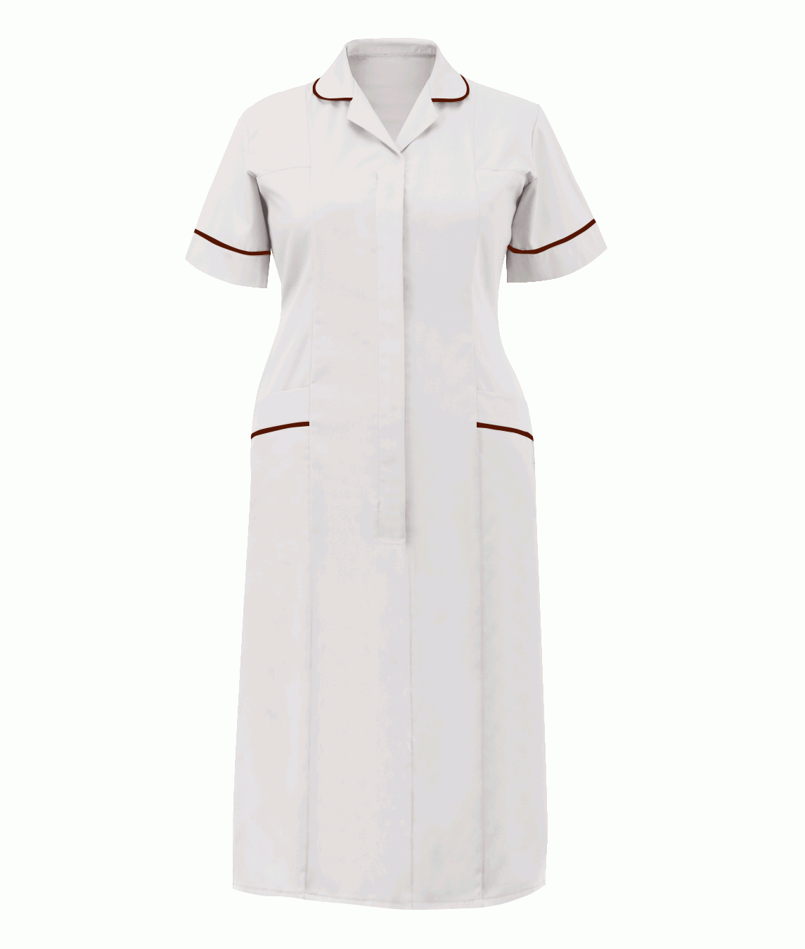 Classic Stepin Dress White/Burgundy with rounded revere collar contrast piping concealed front zip and two chest pockets