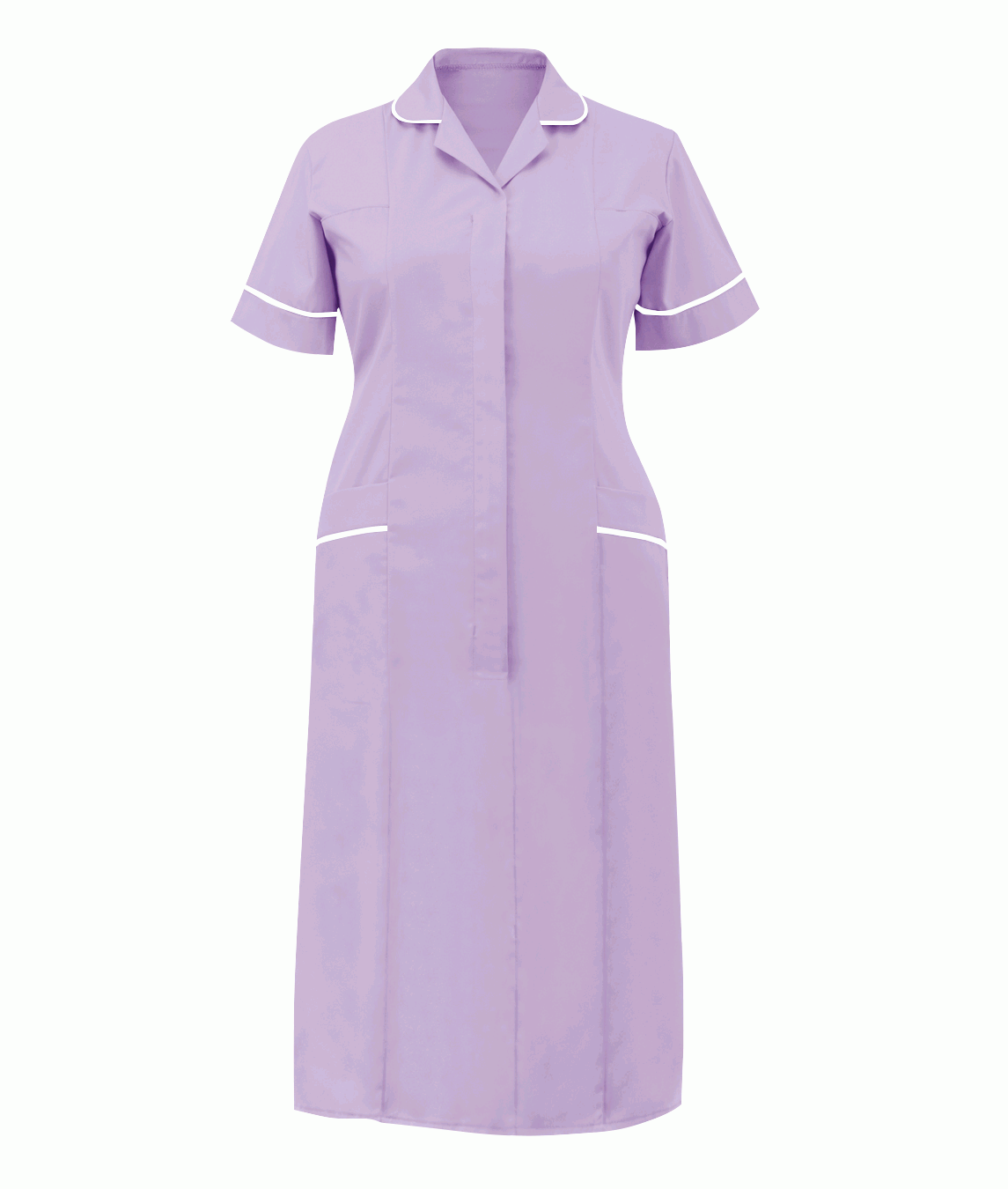 Classic Stepin Dress Ladies lilac white rounded revere collar contrast piping two chest pockets concealed front zip 65/35