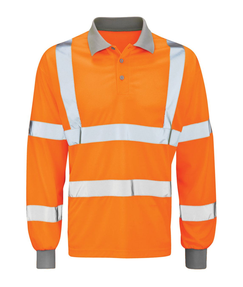 Andromeda Hi Vis Long Sleeve Polo with grey two-button collar ribbed cuffs 100% polyester EN ISO 20471 Class 3 rail compliant