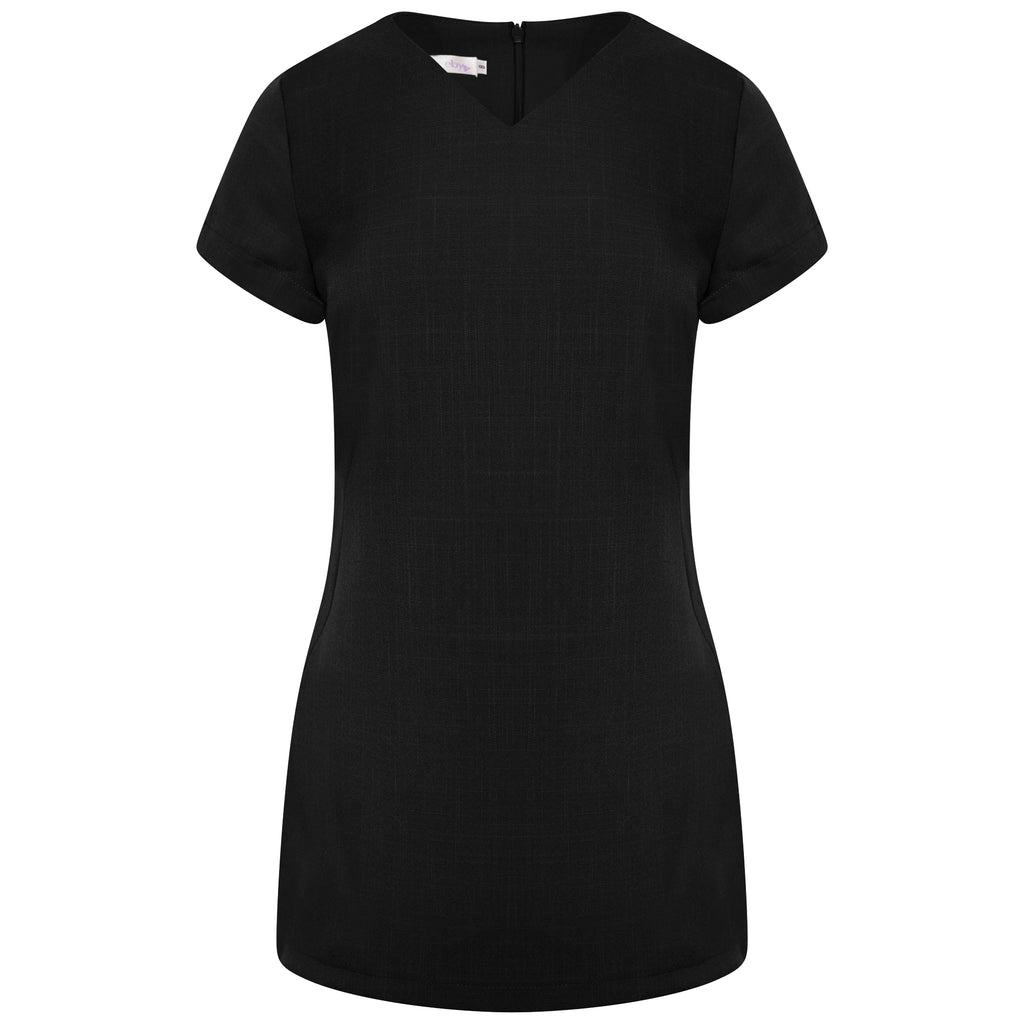 La Beeby Celeste Tunic 100% polyester soft twill V-neck back zip notch sleeves side vents no pockets