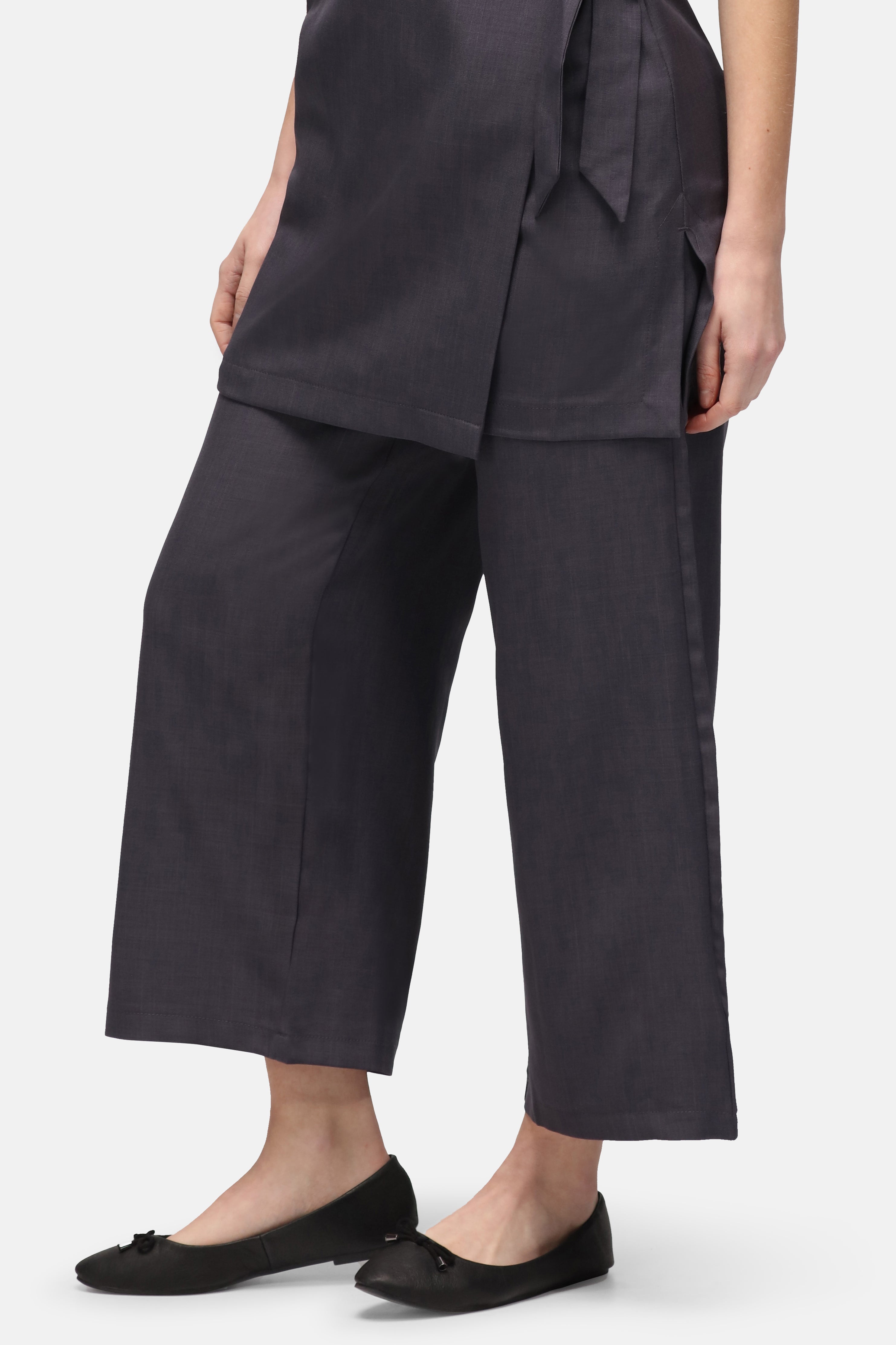 La Beeby Ivy Culotte trousers high waist polyester soft twill loose culotte legs concealed elastic waist invisible front zip side pockets