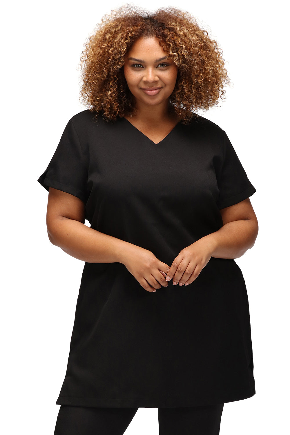 La Beeby Lena Tunic fitted V-neck longer length notch sleeves side vents back zip two side pockets polyester twill
