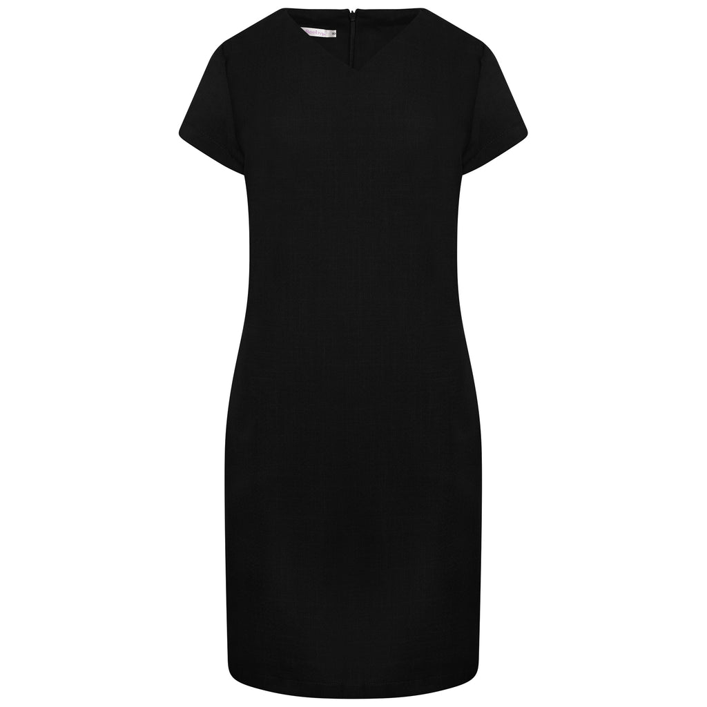 La Beeby Maya Dress fitted V-neck polyester twill back zip notch sleeves kick pleat with pockets