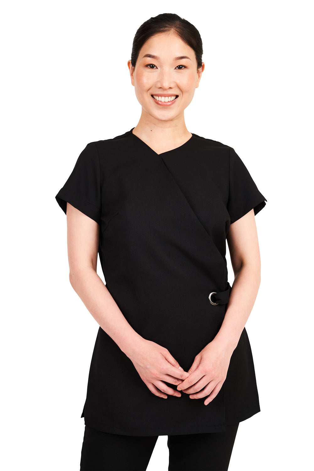La Beeby Mila Tunic wrap-over with neck security button notched sleeves side vents 100% soft twill polyester