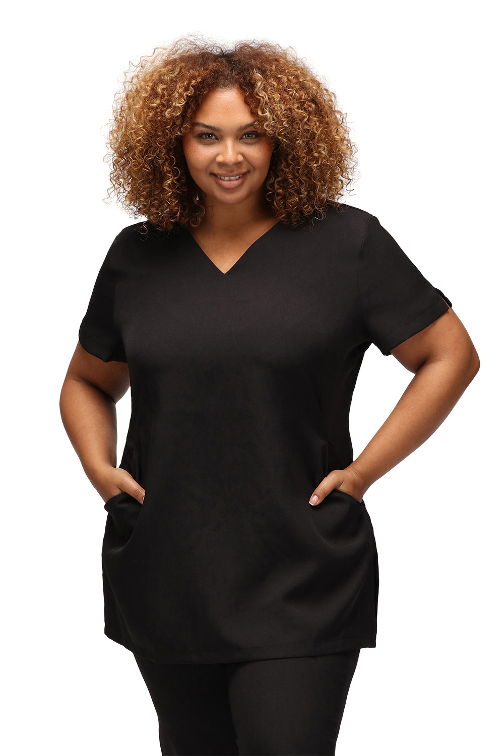 La Beeby Nina Tunic V-neck polyester soft twill with notched sleeves side vents back zip and two side pockets