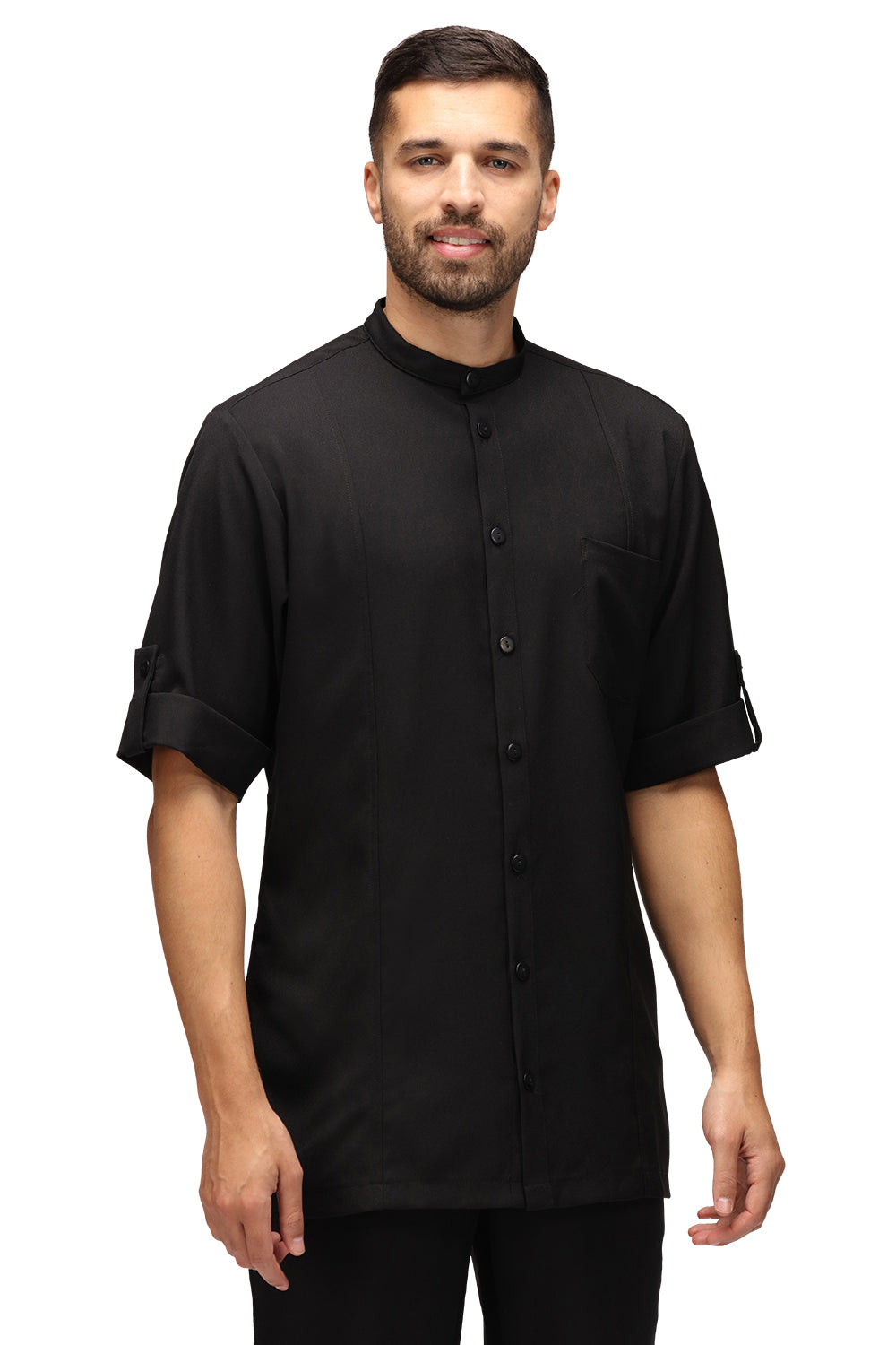 La Beeby Stephane short sleeve shirt 100% polyester soft twill grandad collar front button turn up sleeve detail