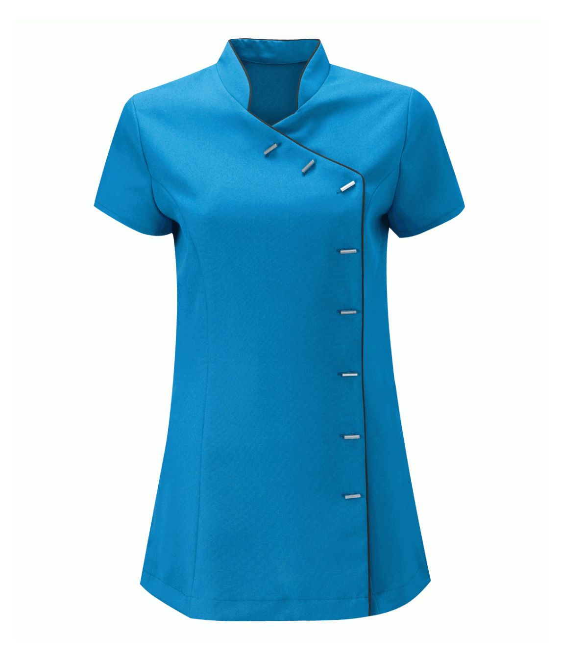 Beauty Tunic Contrast Trim 100% polyester short sleeve cutaway mandarin collar asymmetric front with eight lozenge buttons and contrast piping
