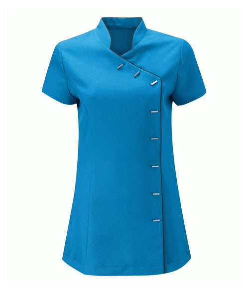 Beauty Tunic Contrast Trim 100% polyester short sleeve cutaway mandarin collar asymmetric front with eight lozenge buttons and contrast piping
