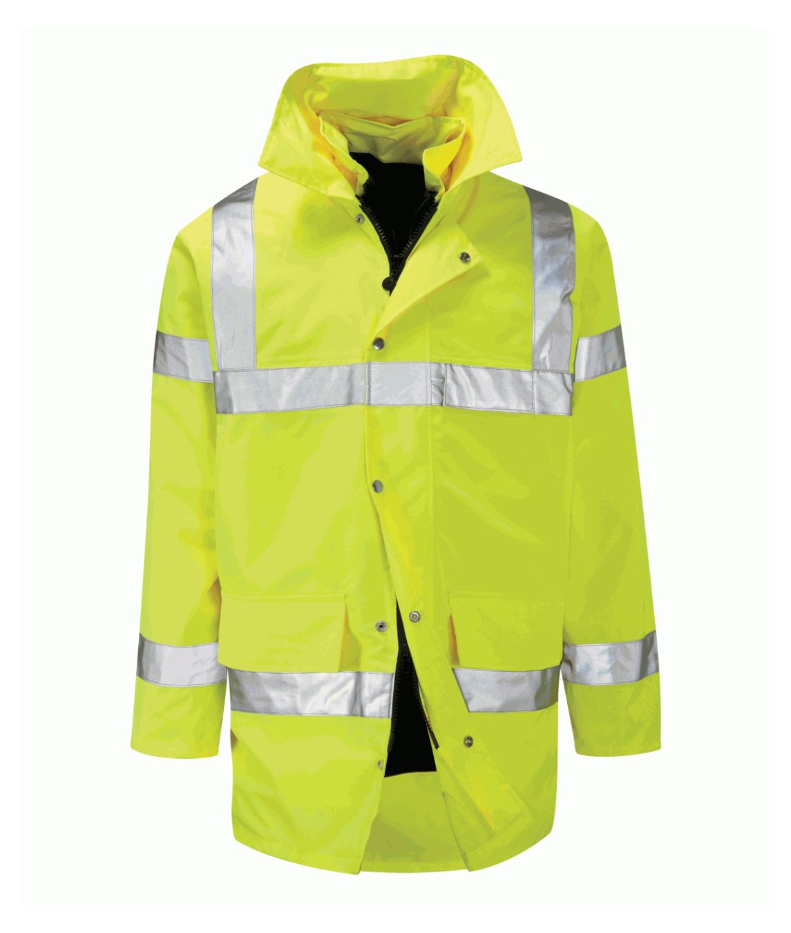 Bedivere 4-in-1 Hi-Vis jacket yellow navy with sewn reflective tape concealed hood reversible insulated liner and zip map pocket