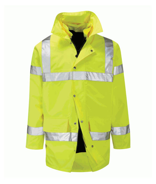Bedivere 4-in-1 Hi-Vis jacket yellow navy with sewn reflective tape concealed hood reversible insulated liner and zip map pocket