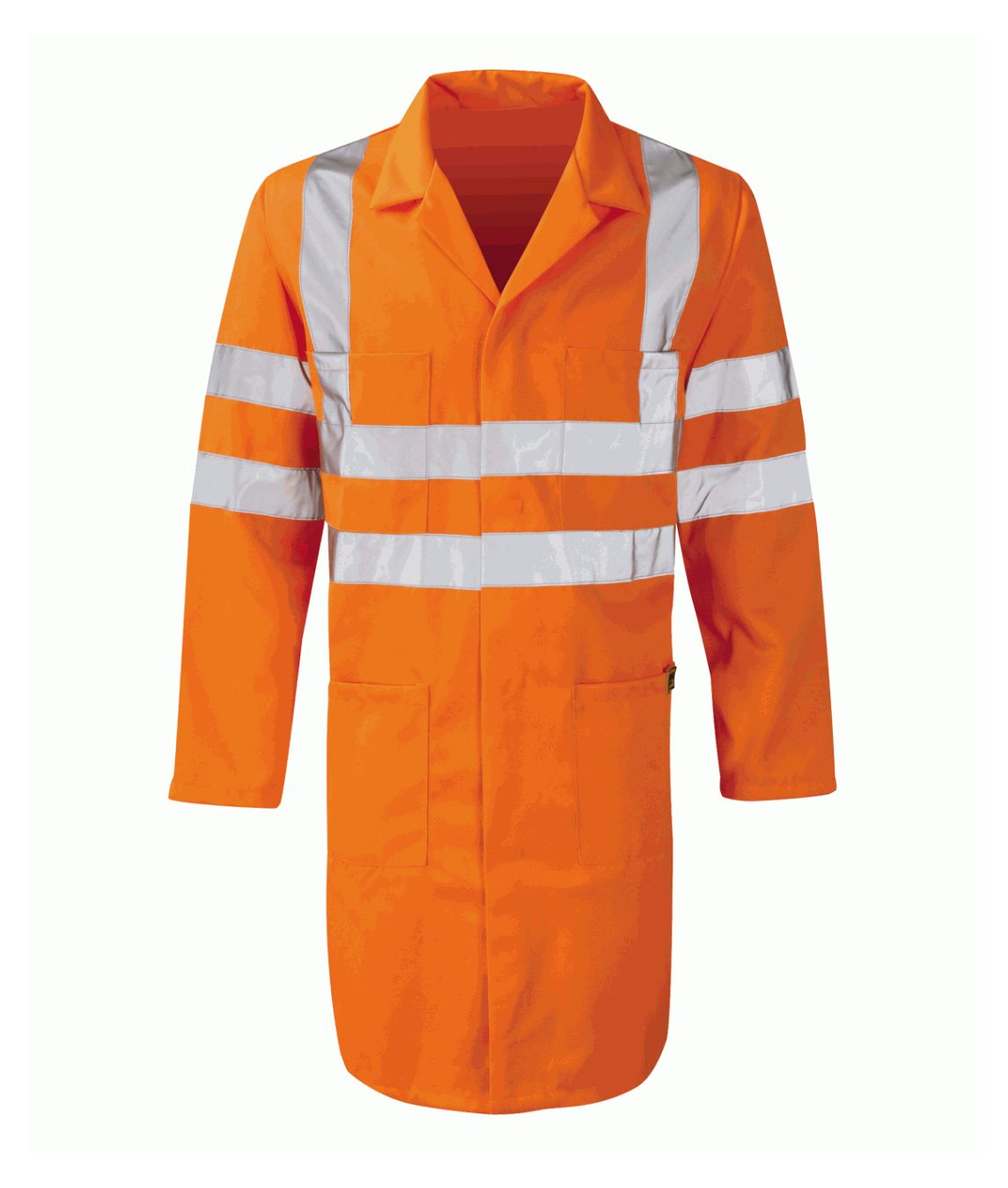 Beta Hi Vis Warehouse Long Coat in fluorescent yellow with reflective tape concealed stud front 1 breast 2 hip pockets