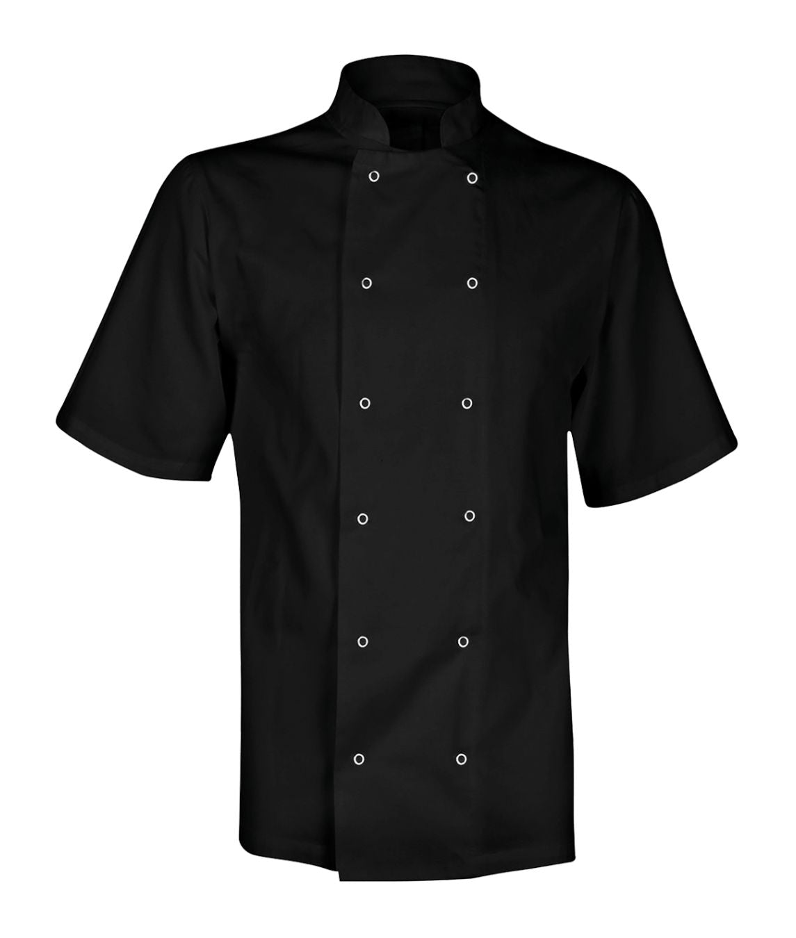 Chef's Jacket Unisex short sleeve cutaway mandarin collar metal stud front pen pocket 65% polyester 35% cotton