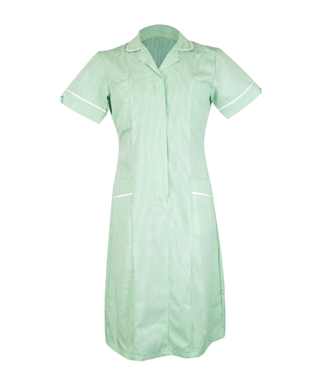 Classic Stepin Dress With Stripes 65% polyester 35% cotton rounded revere collar concealed front zip chest and hip pockets contrast piping