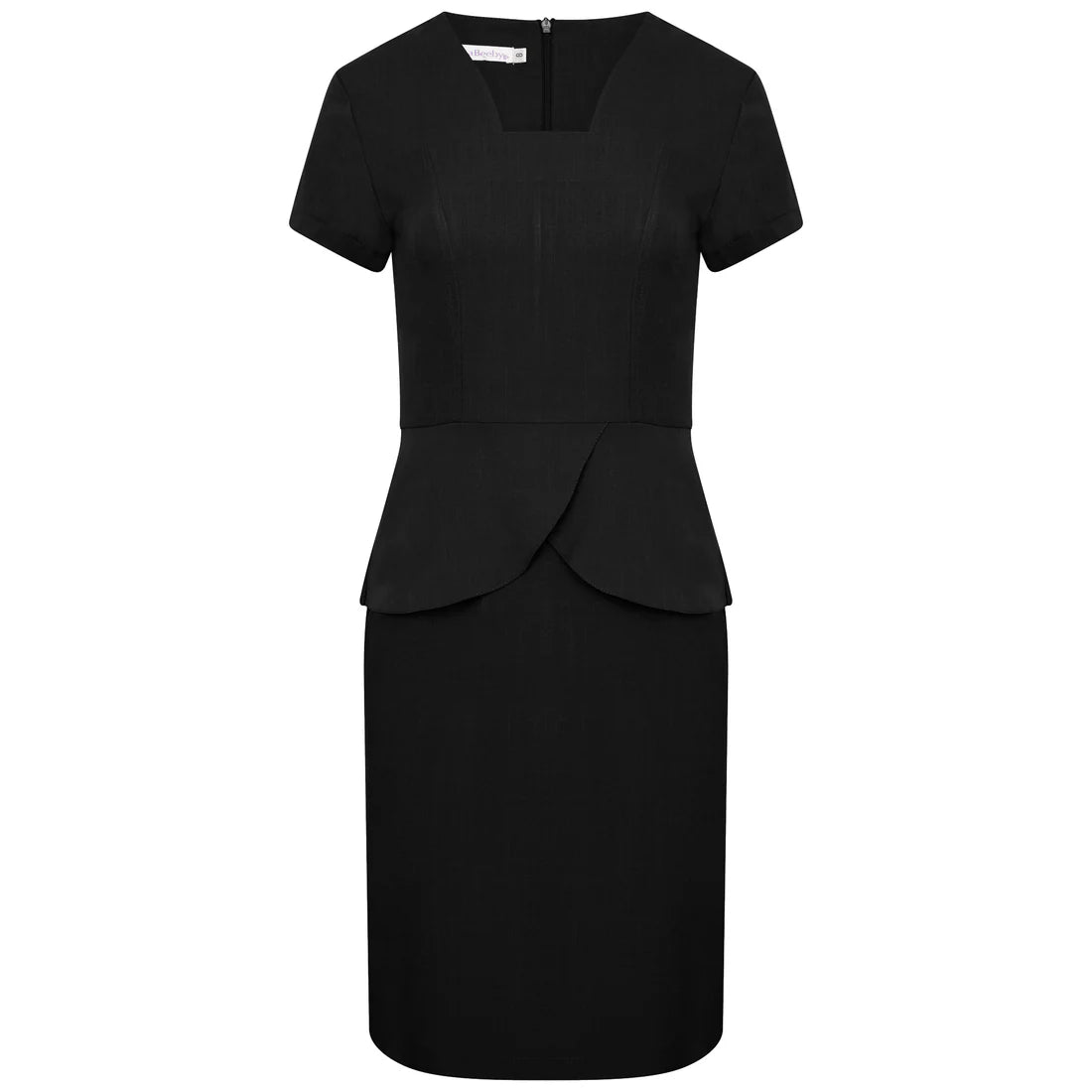 Behrens Coco Dress with angled neckline peplum waist and back zip in 100% Polyester Soft Twill