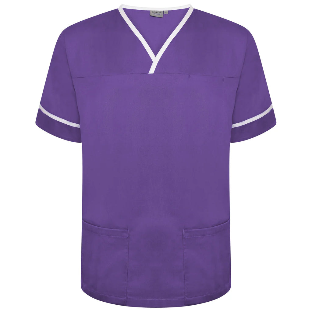 Behrens Contrast Trim Smart Scrub Top unisex with crossover neckline contrast trim waterproof-lined pockets and action back