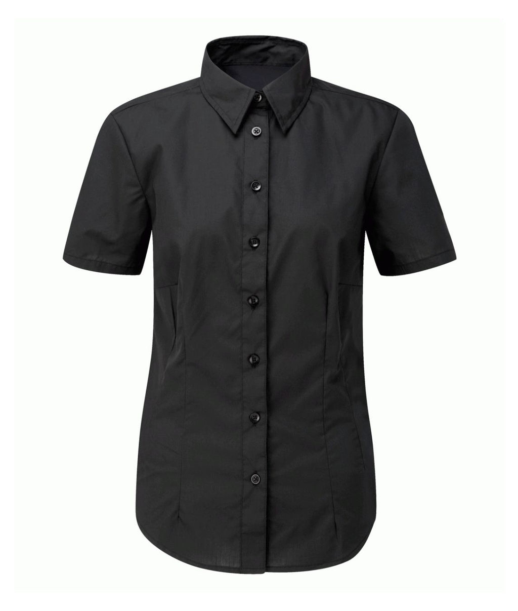 Deluxe Blouse Short Sleeve 65% polyester 35% cotton 115GSM soft collar placket front bust darts curved hem