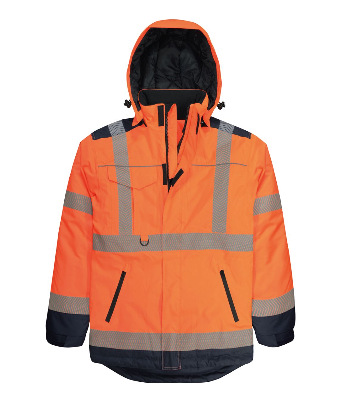 Dreadnought Hi-vis parka yellow navy chevron reflective tape fleece collar detachable hood waterproof zip pockets