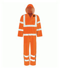 Elm Coverall hi-vis orange with heat-sealed reflective tape fixed hood taped seams two-way zip