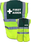 First Aider high visibility vest yellow and paramedic green with tear-release front closure and 2 body plus 2 shoulder reflective bands