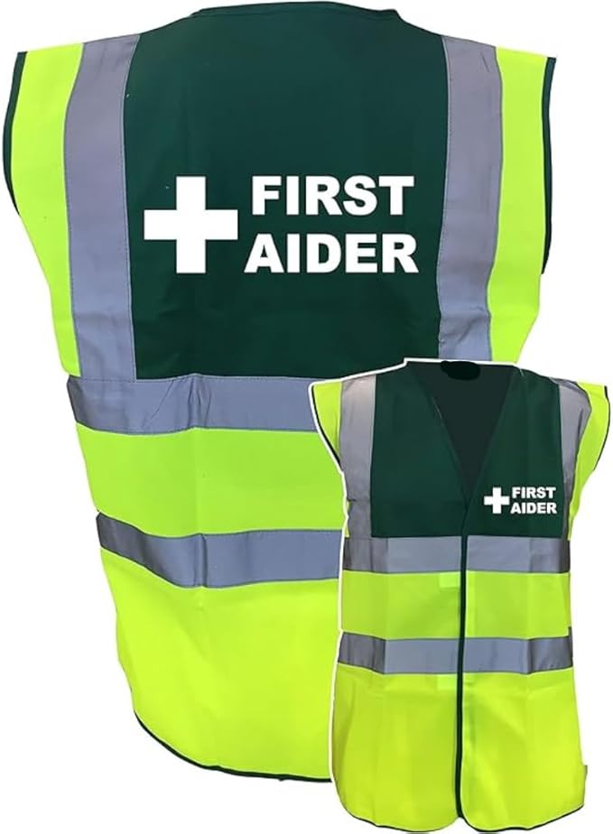First Aider high visibility vest yellow and paramedic green with tear-release front closure and 2 body plus 2 shoulder reflective bands