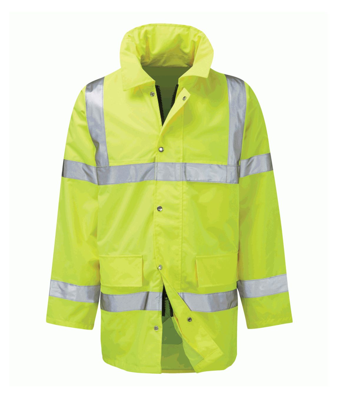 Geraint 3/4 Length Jacket high-visibility yellow with sewn reflective tape fixed concealed hood 300D waterproof fabric