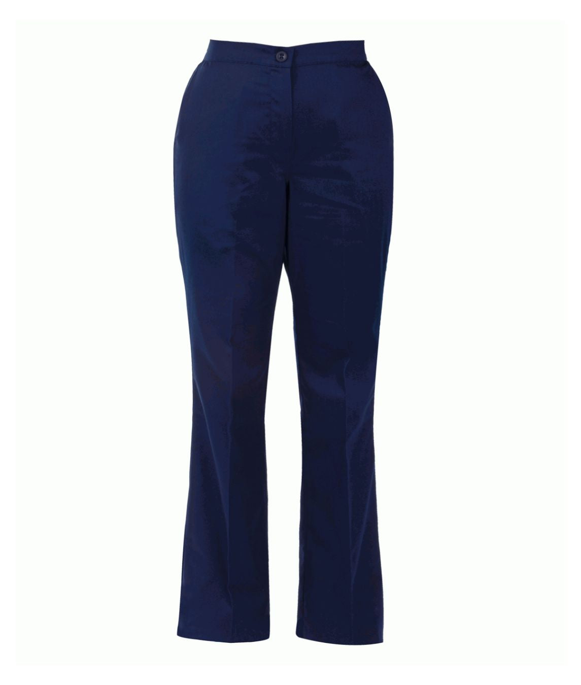 Ladies Boot Leg Trousers showing boot leg cut fully elasticated back angled side pockets and rear jetted pocket