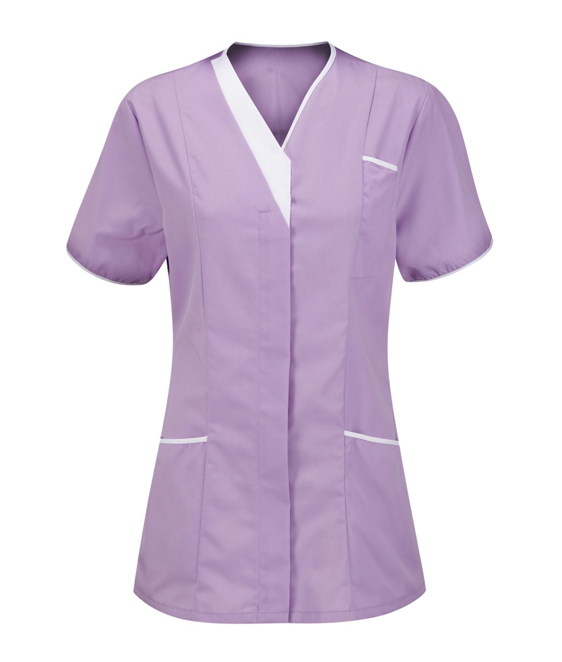 Ladies V-Neck Tunic 65/35 with concealed front zip 2 press studs chest pocket contrast trim back vents