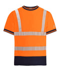 Laser Hi-Vis Two-Tone Short Sleeve T-Shirt birdseye polyester chevron heat-seal reflective tape navy collar two orange stripes
