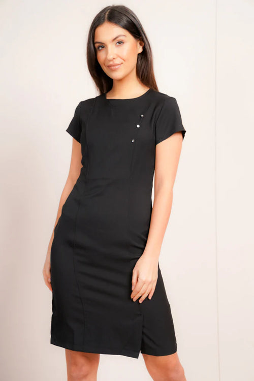 Behrens Madeleine Dress fitted women's twill dress with faux crystal trim back zip and kick pleat in 100% polyester