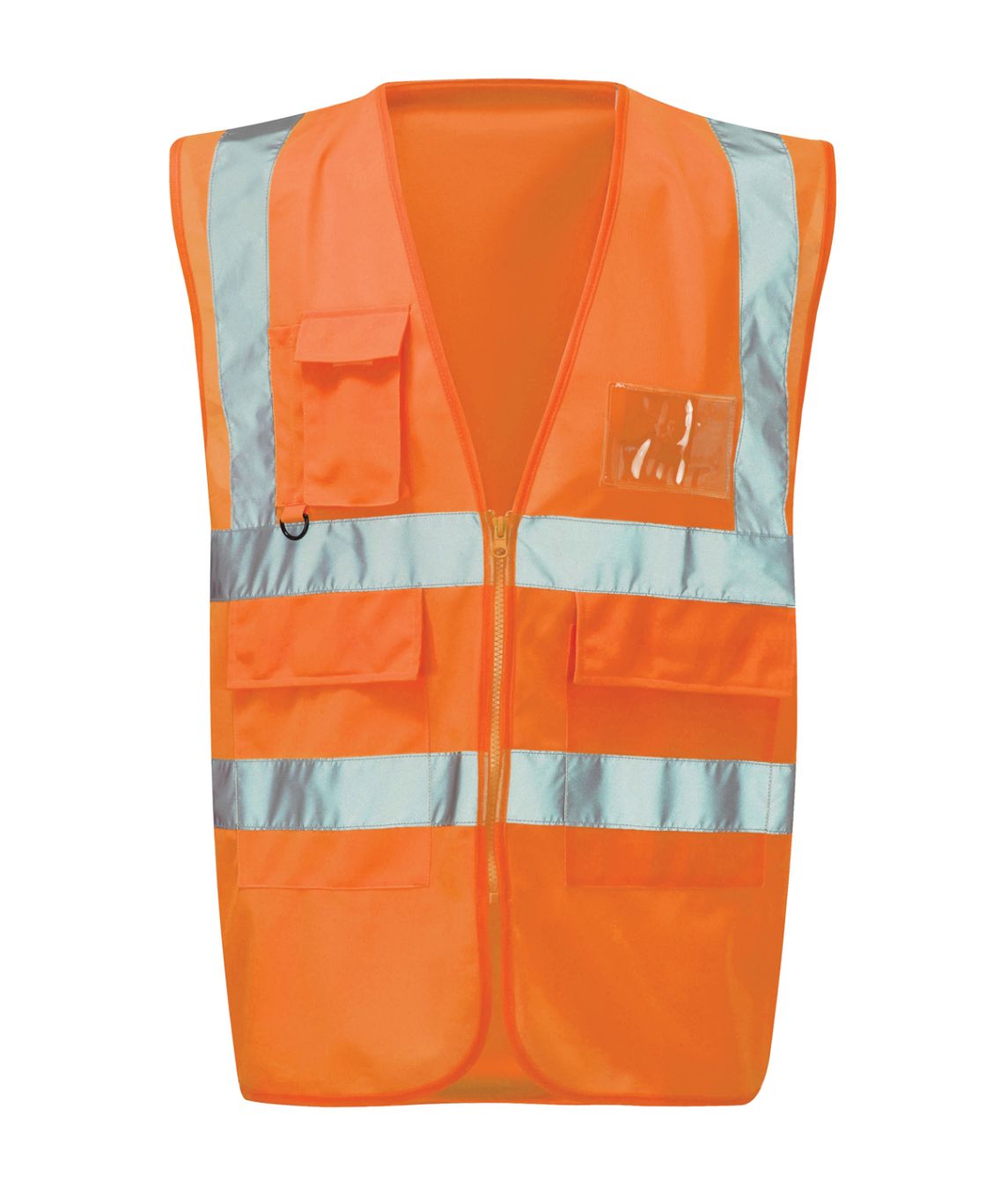 Milanese Executive Waistcoat Orange high-visibility Class 2 with front zip mobile phone pocket and clear ID pocket