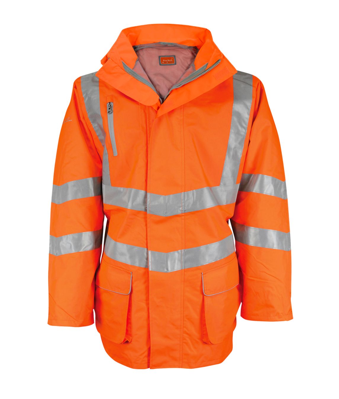 Sabre 2 Breathable Hi-Vis railway jacket with chevron reflective tape detachable wired-peak hood waterproof chest zip
