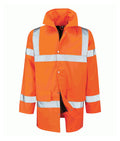 Tristan Orange 3/4 Length Hi-Vis jacket 300D waterproof sewn-on reflective tape concealed hood quilted lining multiple pockets