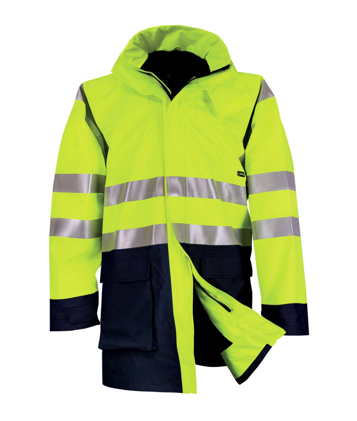 Velocity Arc Two Tone Jacket yellow hi-vis with reflective bands Gore Pyrad FR helmet-compatible peaked hood ATPV 48 cal/cm2