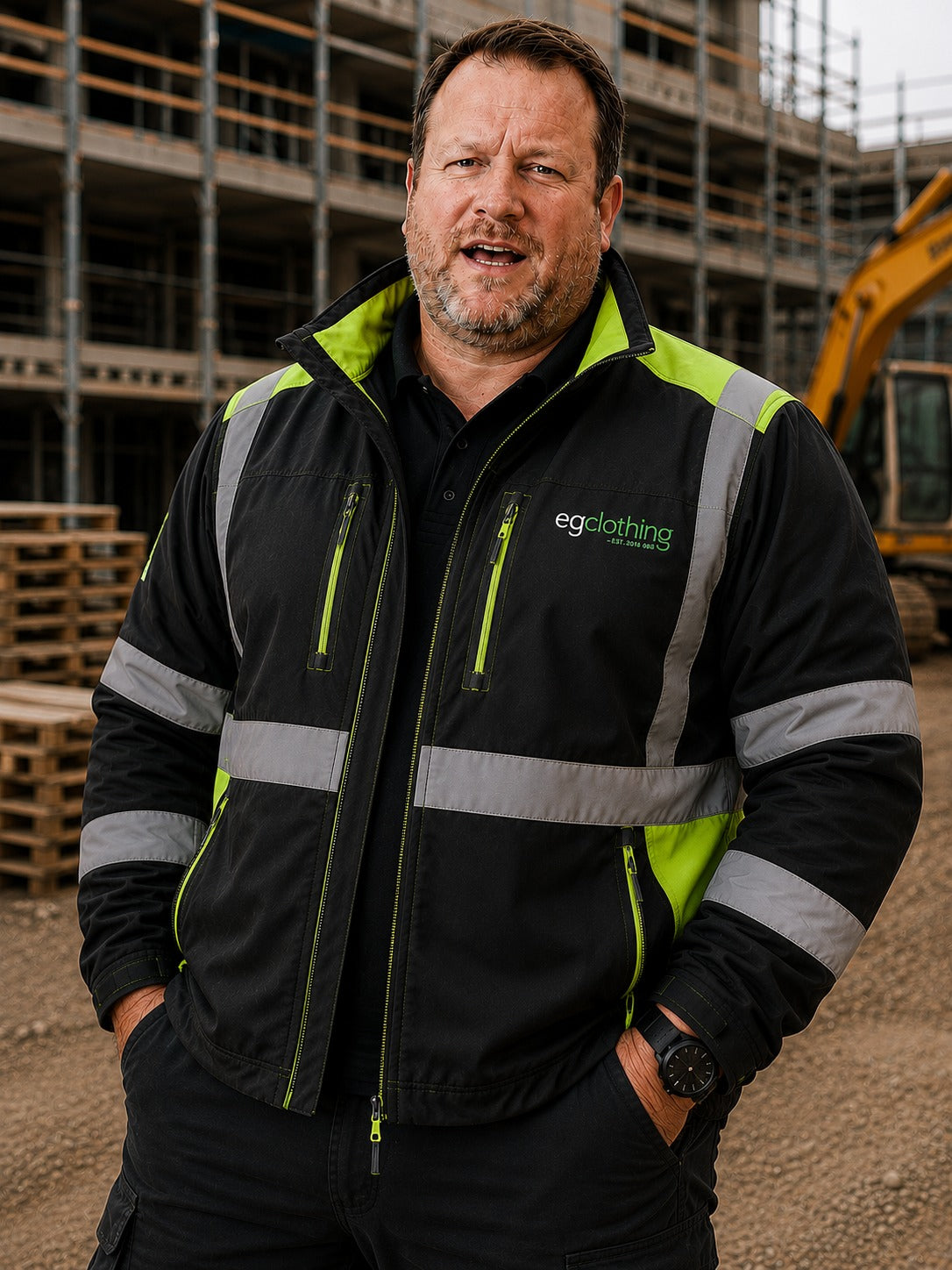 EG Clothing owner on site in EG-branded hi-vis softshell