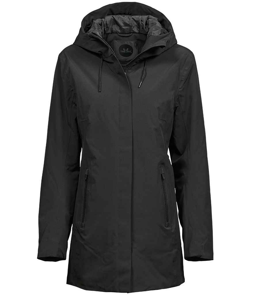 Tee Jays Ladies All Weather Parka Jacket Black full-length tailored cut hood windproof water-resistant shell thermal lining