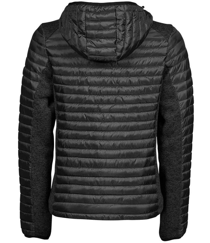 Tee Jays Ladies Crossover Hooded Padded Outdoor Jacket | Black/Black Melange - Eg Clothing UK