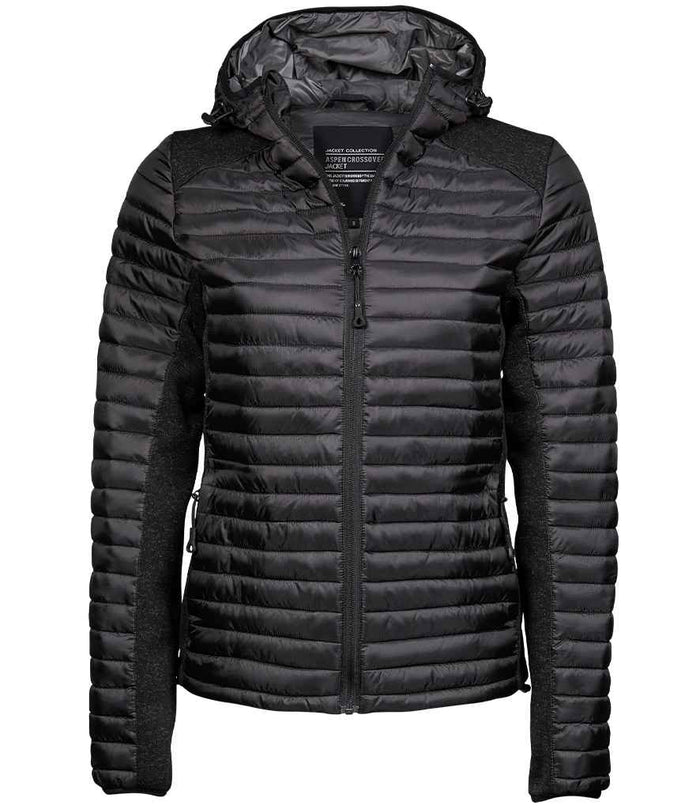 Tee Jays Ladies Crossover Hooded Padded Outdoor Jacket | Black/Black Melange - Eg Clothing UK