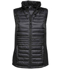 Tee Jays Ladies Crossover Padded Bodywarmer Black/Black with shaped fit and showerproof outer