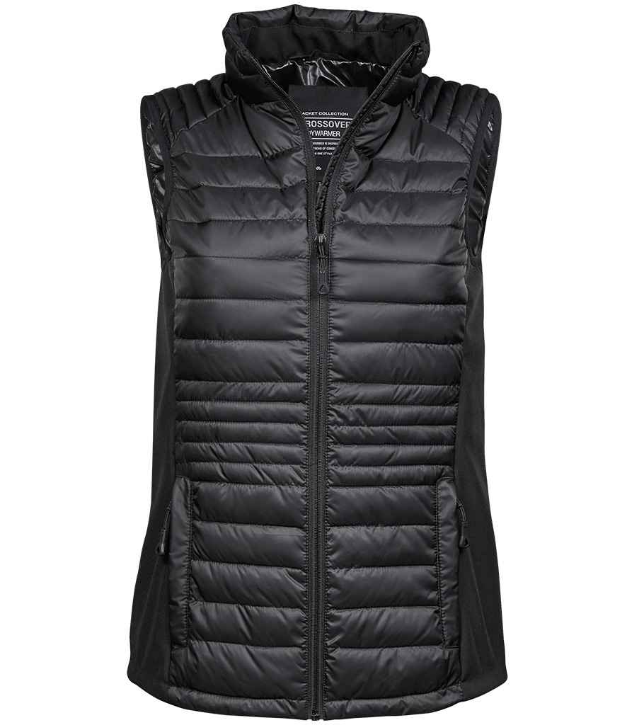 Tee Jays Ladies Crossover Padded Bodywarmer Black/Black with shaped fit and showerproof outer