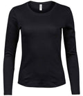 Tee Jays Ladies Long Sleeve Interlock T-Shirt showing long sleeves smooth interlock cotton blend and fitted silhouette