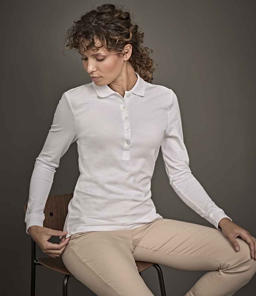 Tee Jays Ladies Luxury Stretch Long Sleeve Polo Shirt | White - Eg Clothing UK
