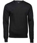 Tee Jays Merino Blend Crew Neck Jumper showing crew neck, classic fit and fine merino knit texture
