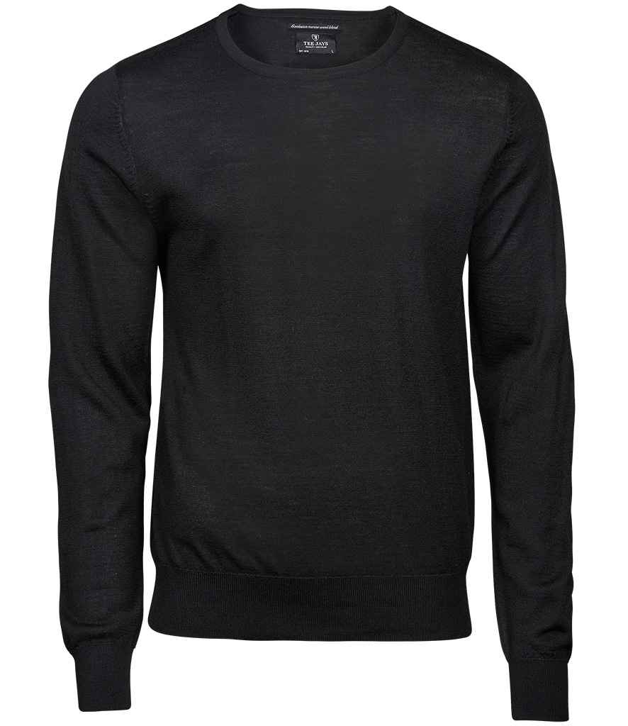 Tee Jays Merino Blend Crew Neck Jumper showing crew neck, classic fit and fine merino knit texture