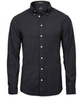 Tee Jays Perfect Long Sleeve Oxford Shirt tailored fit in blue showing button-down collar and Oxford cotton blend texture