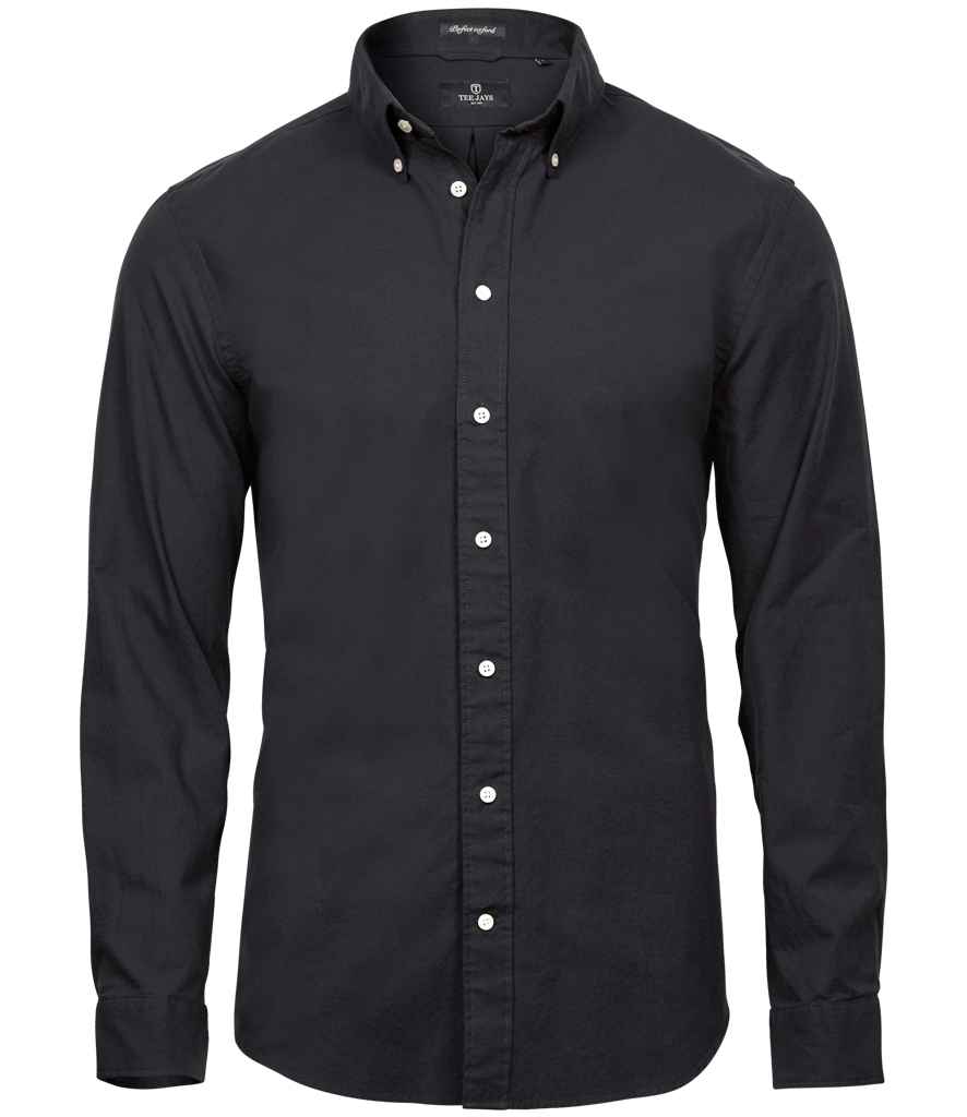 Tee Jays Perfect Long Sleeve Oxford Shirt tailored fit in blue showing button-down collar and Oxford cotton blend texture