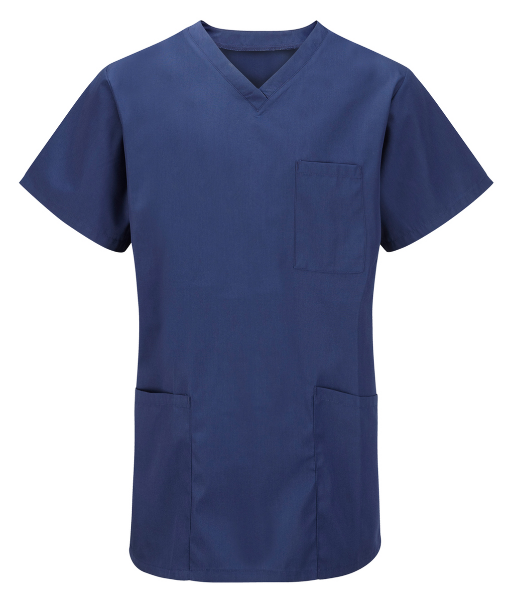 Unisex Scrub Top 65% polyester 35% cotton V-neck short sleeves 1 breast pocket 2 hip patch pockets navy